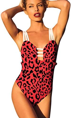 Sunhusing Womens Solid Color Leopard Print Bandage Strap Bikini Backless Swimwear Beachwear Swimsuit