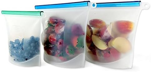 Reusable Silicone Food Storage Bag- 3 pack Big & Small 1.5L airtight zip seal food preservation container, multi-use kitchen freezer bag, vegetable, produce, sandwich, snack, sous vide, lunch & travel