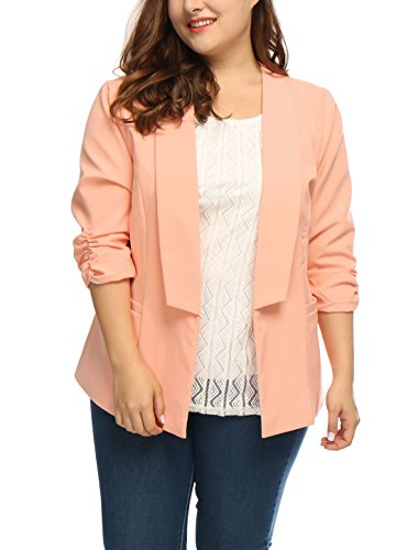 Agnes Orinda Women Plus Size 3/4 Sleeves Ruched Cuffs Blazer 2X Pink