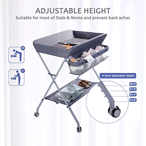 EGREE Baby Portable Folding Diaper Changing Station with Wheels, Adjustable Height Mobile Nursery Organizer with Safety Belt & Large Storage Racks, Newborns & Infant, Gray 1 Count (Pack of 1)