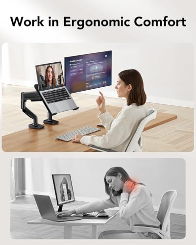 HUANUO 2 in 1 Function Laptop Mount with Tray, Fits 13"-34″ Monitors & Up to 17″ Notebook, Ergonomic Laptop Arm with Full Motion Adjustment, Pre-assembled for Easy Setup, VESA 75x75mm/100x100mm
