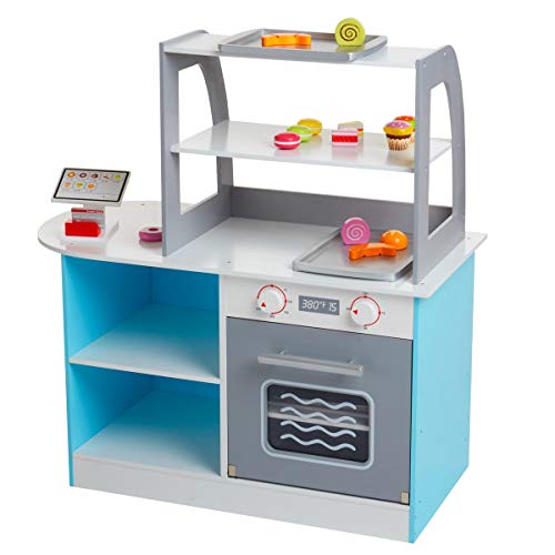 Wooden Bakery Playset Pretend Stand for Kids - 25 Piece Bake Shop Counter w Food, Chalkboard, Cash Register, Trays - Durable Construction for Creative Playtime - Thumbnail 2