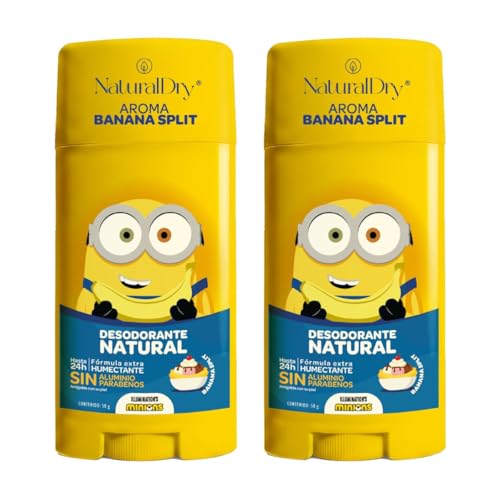 NaturalDry - Desodorante Para Niños y Teens Natural Infantil Minions 50g | Sin Aluminio ni Parabenos | 24hrs Protección | Para Niños y Adolescentes Piel Sensible (2 x Banana Split)