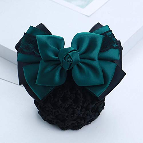 Women Hair Bun Cover Net Snood Hairnet Bowknot Decor Satin Bow Barrette French Hair Clip Bow Ribbon Flower Hair Accessories For Banks Hotels Restaurant Staff (Green)