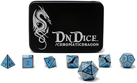 DnDice Chromatic Dragon - Solid Metal Poly Dice Set Available in Dark Chrome & Red, Green or Purple with Dragon Insignia Presentation Tin (Bone Blue)