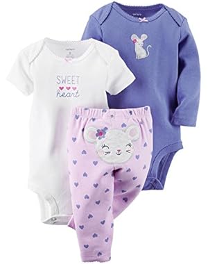 Girl Mouse Applique 3-Piece Bodysuit & Pants Set; Purple, 6 Months