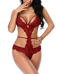 LALAVAVA - Body sexy de encaje con cuello en V y tirantes para mujer