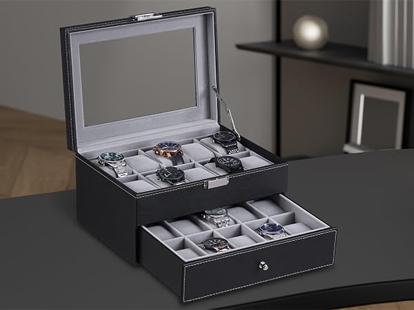 BEWISHOME Watch Case, 20-Slot Watch Box Organizer for Men Watch Case with Large Glass Lid Watch Travel Case Removable Watch Pillows, Mens Jewelry Box Watch Display Case, Watch Storage, Black SSH04B