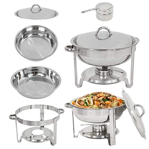 Epetlover Round Chafing Dish 5 Quart Full Size Stainless Steel Chafer dish Warmer Set with Food Pan, Water Pan, Fuel Holder and Dome Cover for Kitchen, Buffet, Chef Team, Banquet
