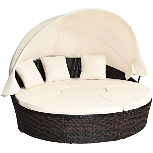 Tangkula Patio Round Daybed with Retractable Canopy, Outdoor Wicker