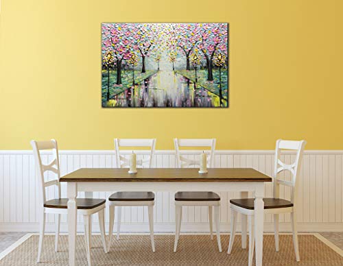 Amei Art Paintings,24x36Inch 3D Hand-Painted Modern Abstract Street View Landscape Artwork Cherry Blossom Tree Oil Painting on Canvas Home Decor Wall Art Wood Inside Framed Ready to Hang