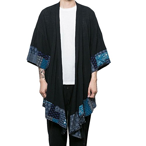 HZCX FASHION Men's Cotton Linen Long Kimono Jackets Open Front Cardigan Cloak(Black,XL)