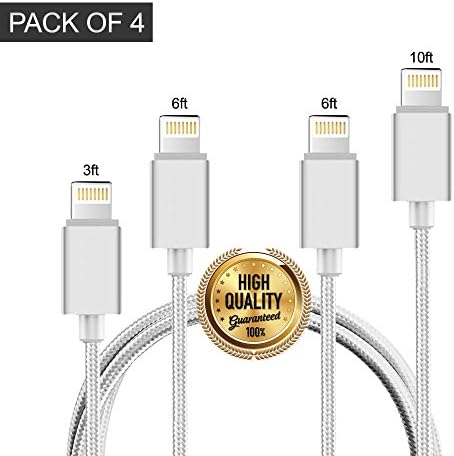 Sahmsparks USB Charging Cable 4pack, 3ft 6ft (x2) 10 ft, Nylon Braided Cell Phone Cord Compatible for Iphone Durable