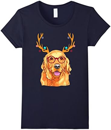Womens XMAS Funny Golden Retriever with Antlers Christmas T Shirt Medium Navy