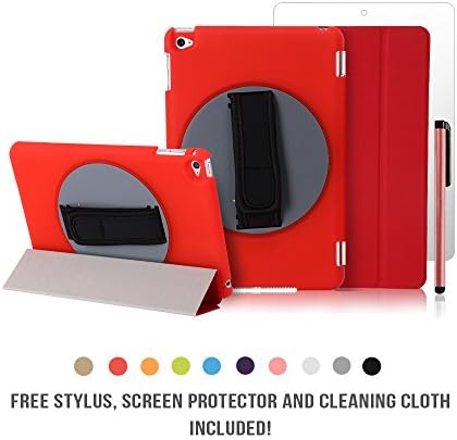 iPad Mini 4 Case 360 Degree Handheld Rotating Case Adjustable Strap by JACKIT Back Cover and Front Smart Wake/Sleep Magnetic Cover FREE Stylus Screen Protector Cloth for Apple iPad Mini 4 [Red]