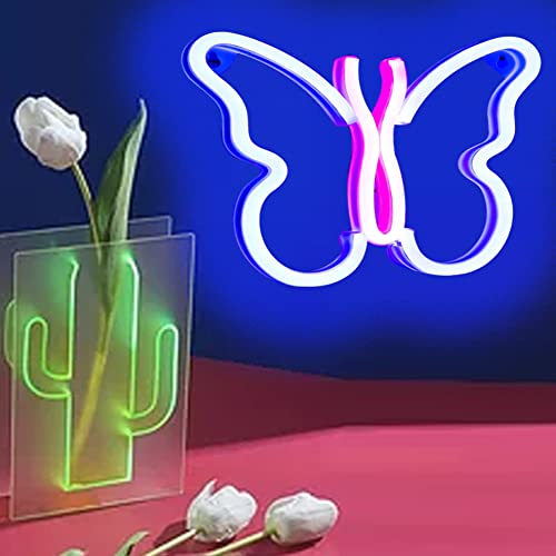 ENOOSTMST Butterfly Neon Sign, USB or 3AA Battery Powered Butterfly Night Wall Light LED Neon Wall Signage, Suitable for Girls Children Living Room Bar Dormitory Party Christmas(A-Blue/Pink)