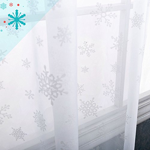 White Sheer Curtains for Living Room Christmas Holiday Snowflake Decorative Voile Window Treatment Set for Bedroom, 2 Panels, 55