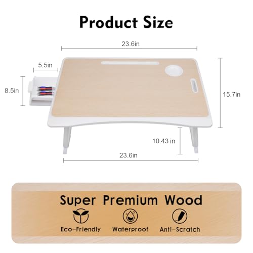 Amaredom Laptop Bed Desk Tray Bed Table, Foldable Portable Lap Desk Notebook Stand Reading Holder with Storage Drawer and Cup Holder for Eating Breakfast on Bed/Couch/Sofa-White Oak