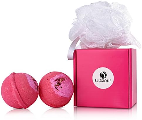 Bath Bombs Pink Glitter Gift Set - 2 Ultra Lush Spa Fizzies with Loofah - Organic Natural Essential Oil Shea Butter Handmade in USA