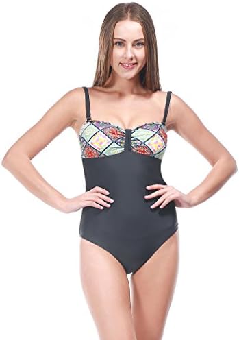 Yeeper Women's Plus Size Built-In Cup One Piece Swimsuit Bathing Suit Bikini Swimming Costume Multicolor With Bandage Type Dark Grey M-L