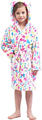 Boys & Girls Bathrobes, Plush Soft Coral Fleece Floral Hooded Sleepwear for Kids