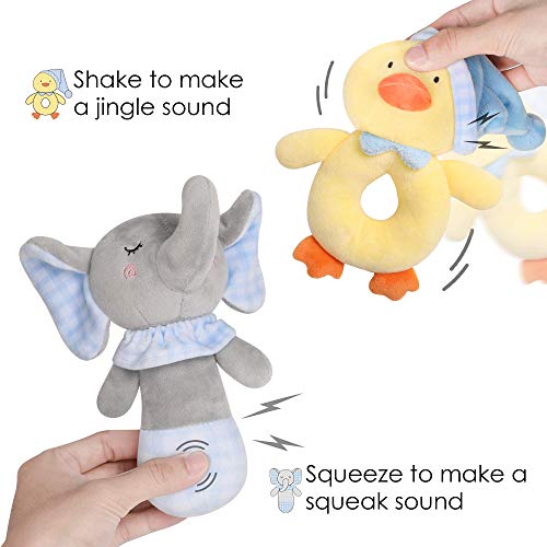 TILLYOU 2 PCS Soft Baby Rattle for Newborns, Plush Stuffed Animal Rattle, Rattle Shaker Set for Infants, Shower Gifts for Girls Boys, Shaker & Teether Toys for 3 6 9 12 Months (Elephant/Ducking)