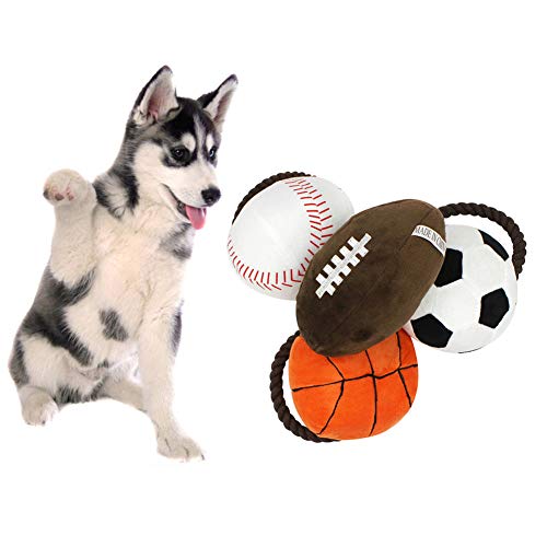 Cotton Rope Basketball Football Plush Doll Chewing Toy,Chewable Squeaky Toy for Pet Dog Cats - Baseball/Basketball/Football/Rugby