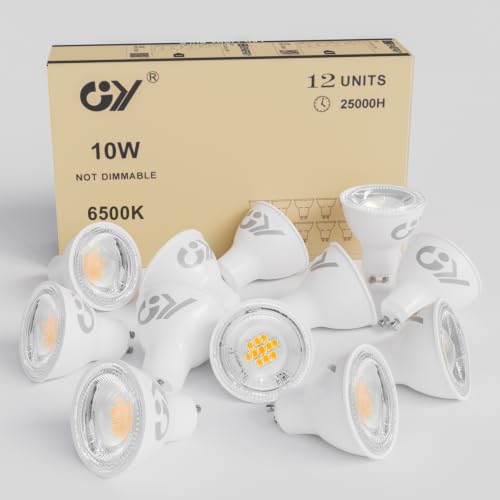 GY GU10 LED Bulbs, 10W 1100 Lumens, Non-Dimmable, 100W Incandescent Equivalent, 6500 Kelvin Cool White, 120° Beam Angle, Energy Saving, Pack of 12