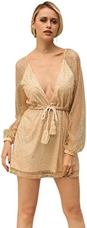 Swmmer Liket Women's Long Sleeves Deep V-Neck Mesh Sequins Beaded Sash Cocktail Party Dress With Belt