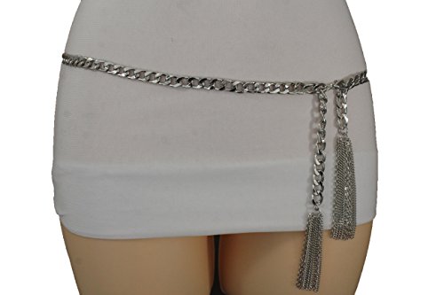 TFJ Women Fashion Metal Chains Belt Hip Waist Wrap Around Fringes Plus M L Silver