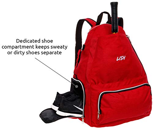 LISH Game Point Tennis Backpack w/ Shoe Compartment - Racket Holder Equipment Bag for Tennis, Racquetball, Squash (Red)