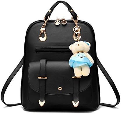 aiseyi Womens Backpack Leather Multi-Way Girls School Backpack Leather Cartoon Pendant (Black)