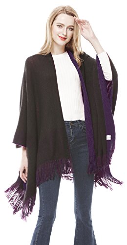 Lovful Women Winter Warm Faux Cashmere Feel Poncho Capes Scarf Shawl Cardigans Sweater Coat,BlackPurple - Thumbnail 4