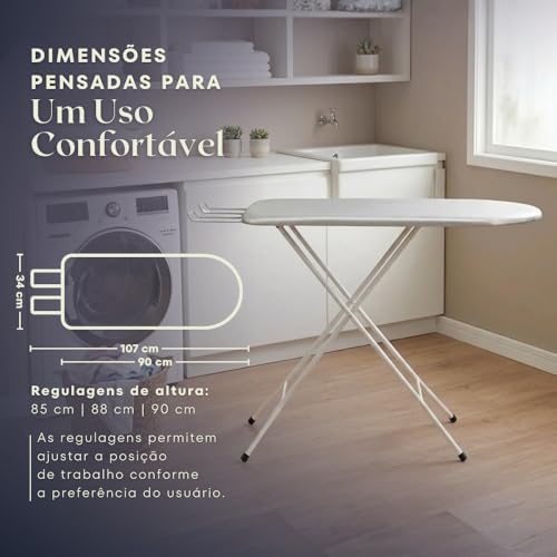 Tabua de Passar Roupa Dobrável com Suporte para Ferro | Estrutura em Aço Reforçado | Tecido Térmico Metalizado | 3 Regulagens de Altura | Mesa de Passar Roupa Portátil Resistente Premium