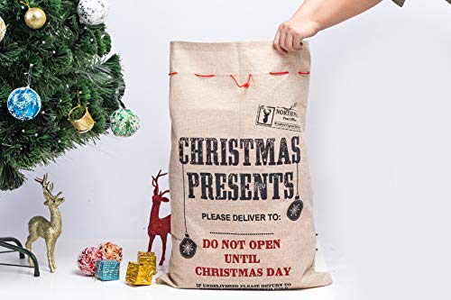 Xena 1 Piece Tan Red Black Extra Large Cotton Christmas Santa Gift Sack Bag W Drawstring 26.5 x 19 Inch Personalize Boy Girls"Christmas Presents" Hiding Spot Winter Holiday Decoration - Thumbnail 5