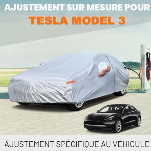 Kayme Waterproof Breathable Car Cover Compatible with Tesla Model 3 (2017-2025), 6 Layers Outdoor Car Cover, Rain Sun Dust Cover with Zip and Cotton Lining.