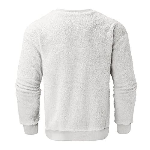 Men Jumpers UK Sweatshirts for, Classic Crew Neck Pullover with Soft Fleece Lining, Plain Thermal Jumper for Men, Solid Color Sherpa White Jumper