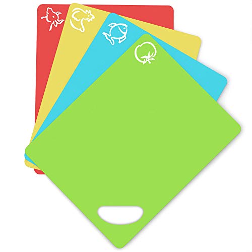 Cooler Kitchen Dishwasher Safe Extra Thick Flexible Plastic Cutting Board Mats with Holes for Hanging and Food Icons & EZ-Grip Waffle Back, (Set of 4) - Thumbnail 4