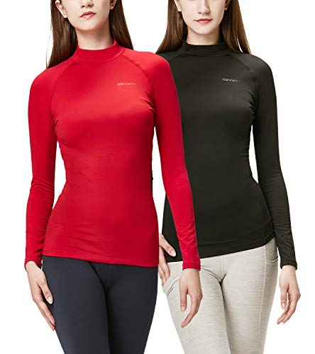 DEVOPS Women's 2 Pack Thermal Heat-Chain Compression Baselayer Tops Mock Turtleneck Long Sleeve T-Shirts (X-Small, Black/Red)