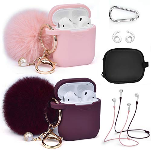 V-MORO Silicone Case Compatible with Airpods Case Protective Cover with 9 in 1 Airpods Accessories Earhooks/Fur Ball Keychain/Staps/Storage Travel Box for Apple Airpods Women Burgundy+Pink