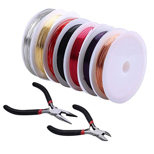 WODE Shop 9 Pieces Jewelry Beading Wire Kit, 7 Rolls 7 Colors 11Yd Jewelry Beading Wire Roll Uncoated Copper Wire Tarnish Resistant with 2 Pieces Pliers for Jewelry Making Supplies and Craft