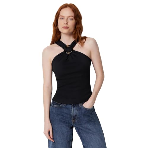 Damen Geripptes Halter-Neckholder-Top mit Kunstharzverzierung, Schwarz, S