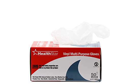 Healthstar Anti-microbial Vinyl Multi-Purpose glove, Medium, Disposable, Powder Free, Industrial Quality, Comfortable (Box of 50)