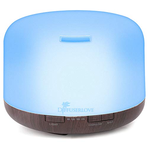 Diffuserlove Essential Oil Diffuser 500ML Ultrasonic Aromatherapy Diffuser Mist Humidifiers with Mute Design, Timer and Waterless Auto Shut-Off, 7 Color LED Lights for Office Home Bedroom Living