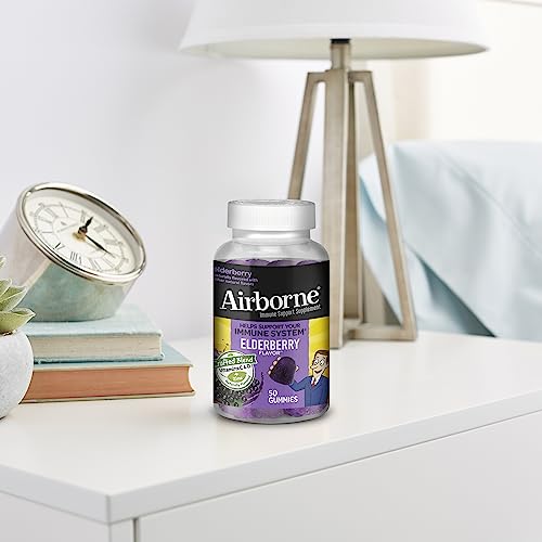 AIRBORNE ELDERBERRY + ZINC & VITAMIN C GUMMIES FOR ADULTS, IMMUNE SUPPORT VITAMIN D & ZINC GUMMIES WITH POWERFUL ANTIOXIDANT VITAMINS C D & E – 50 GUMMIES, ELDERBERRY FLAVOR