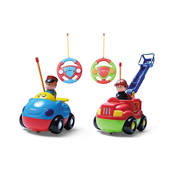Top-Race-TR-02-RC-Cartoon-First-Remote-Control-Set-of-2-Fire-Engine-Police-Car-Toys-Musical-Song-Light-with-2-Transmitters-Different-Frequencies-Play-Them-Together-Children-Age-2 Top Race My First Remote Control Car Toys - Cartoon Remote Control Police and Fire Engine with Lights and Sounds - Play…