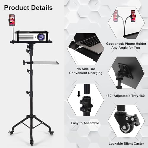 Tossbiss Laptop Tripod on Wheels with 2 Shelves, Portable Projector Floor Stand Adjustable Height 25.9 to 51.8 Inch with Phone Holder