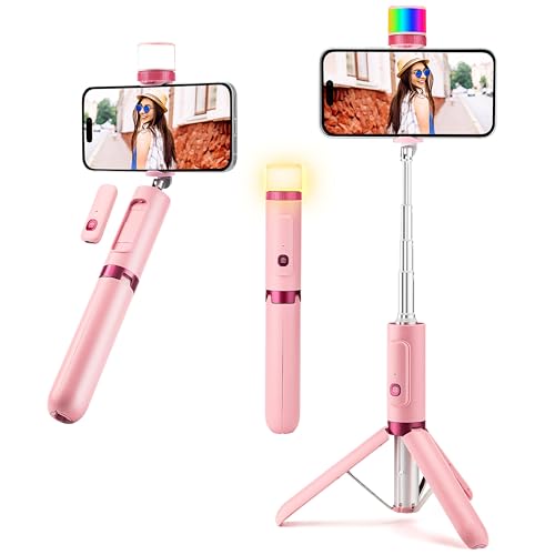 Mini Phone Tripod Stand,MQOUNY 38" Phone Tripod &Selfie Stick with Wireless Rechargeable Remote & Removable Light, Extendable Tripod Stand 360 Rotation Compatible with Phone&Android (Rose-Pink)