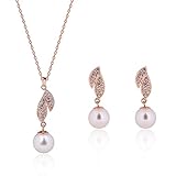 KAVANI Women's Rose Gold Silver Plated Heart-Shaped Leaf Pearl Zircon Jewelry Set Pendant Necklace Earring Set