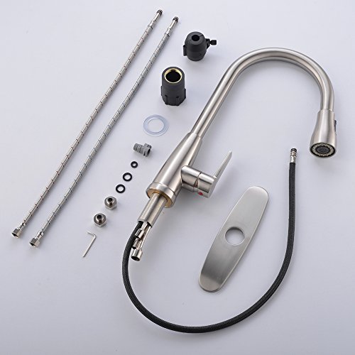 Hotis Modern High Arc 1 or 3 Hole Single Handle Stainless Steel Prep Sprayer Pull Out Pull Down Sprayer Kitchen Sink Faucet,Brushed Nickel with Deck Plate
